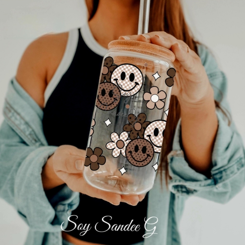 Happy Face NEW 16 oz clear glass can cup with Bamboo Lid & Straw - ONE CUP ONLY